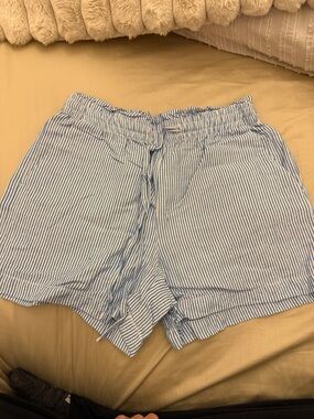 LOFT Light Blue and White Seersucker High-Waist Drawstring Shorts